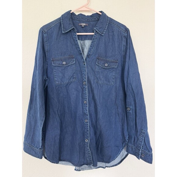 NYDJ Dark Blue Denim Button Down Shirt Chambray Western Casual Top Size Large - Picture 1 of 7